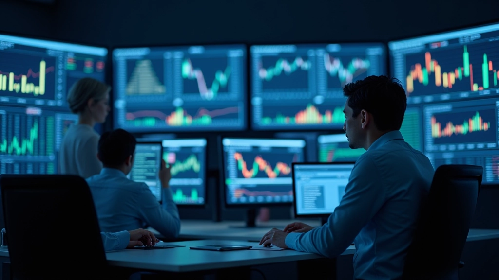 Büroumgebung mit Datenanalysen und Preisindizes auf Monitoren