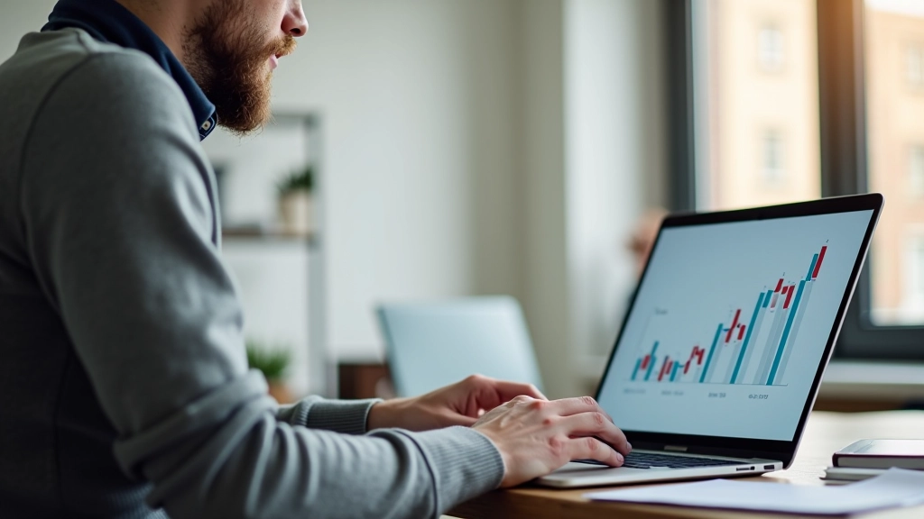 Professionelle Aufnahme einer Person, die nachdenklich auf Finanzdiagramme auf ihrem Laptop schaut, moderne Arbeitsstube