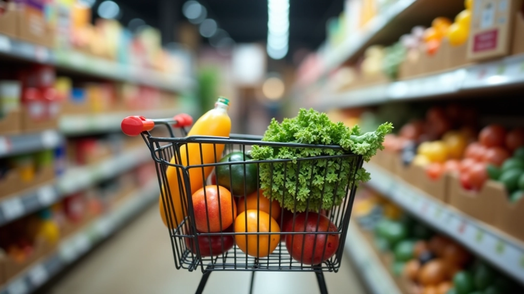 Preisetiketten und Warenkörbe auf Supermarktregalen symbolisieren Preisveränderungen