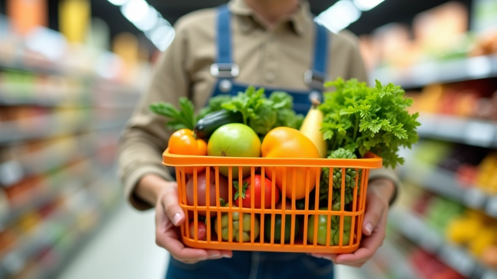 Nahaufnahme eines Einkaufskorbs mit verschiedenen Lebensmitteln, Gemüse und Produkten in einem hellen Supermarkt